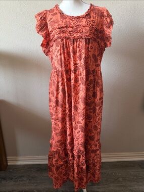 Ruffled Floral Print Maxi Dress in Coral Orange
